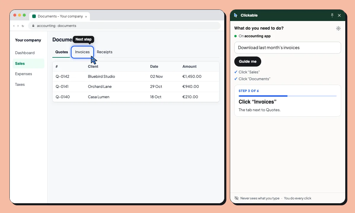 Una app de contabilidad. Paso 4 de 6: Clicky marca «Mes pasado», luego la casilla de seleccionar todas y luego «Descargar», mientras la página cambia detrás del panel.
