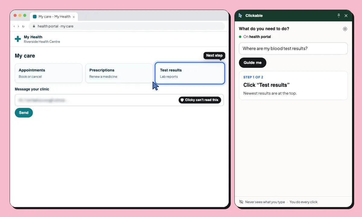 Un portal de salud. Lo que has escrito en la página aparece difuminado, con la etiqueta «Clicky no puede leer esto», mientras Clicky marca «Resultados de pruebas».